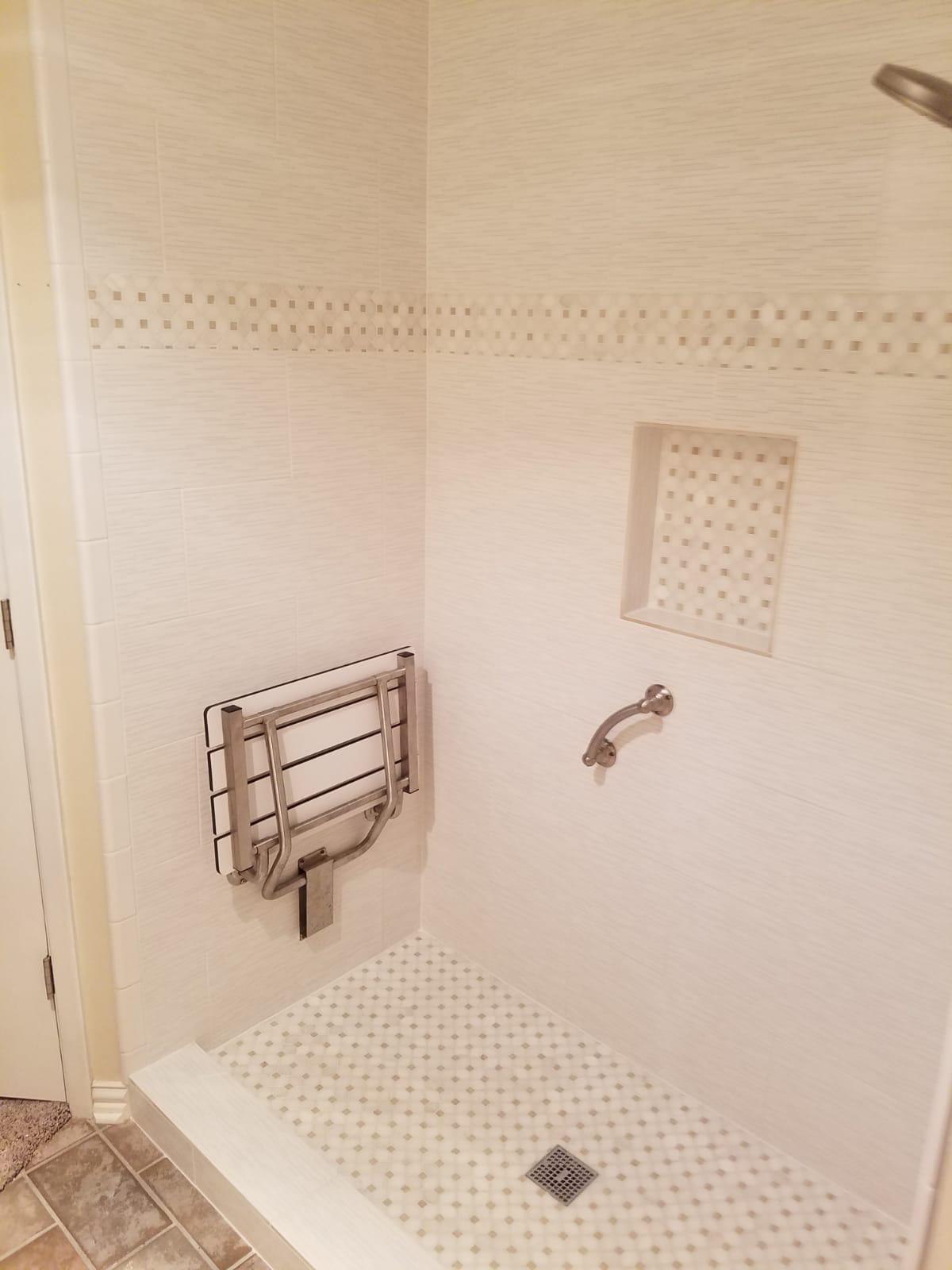 Completed tub-to-shower and walk-in shower project view 2