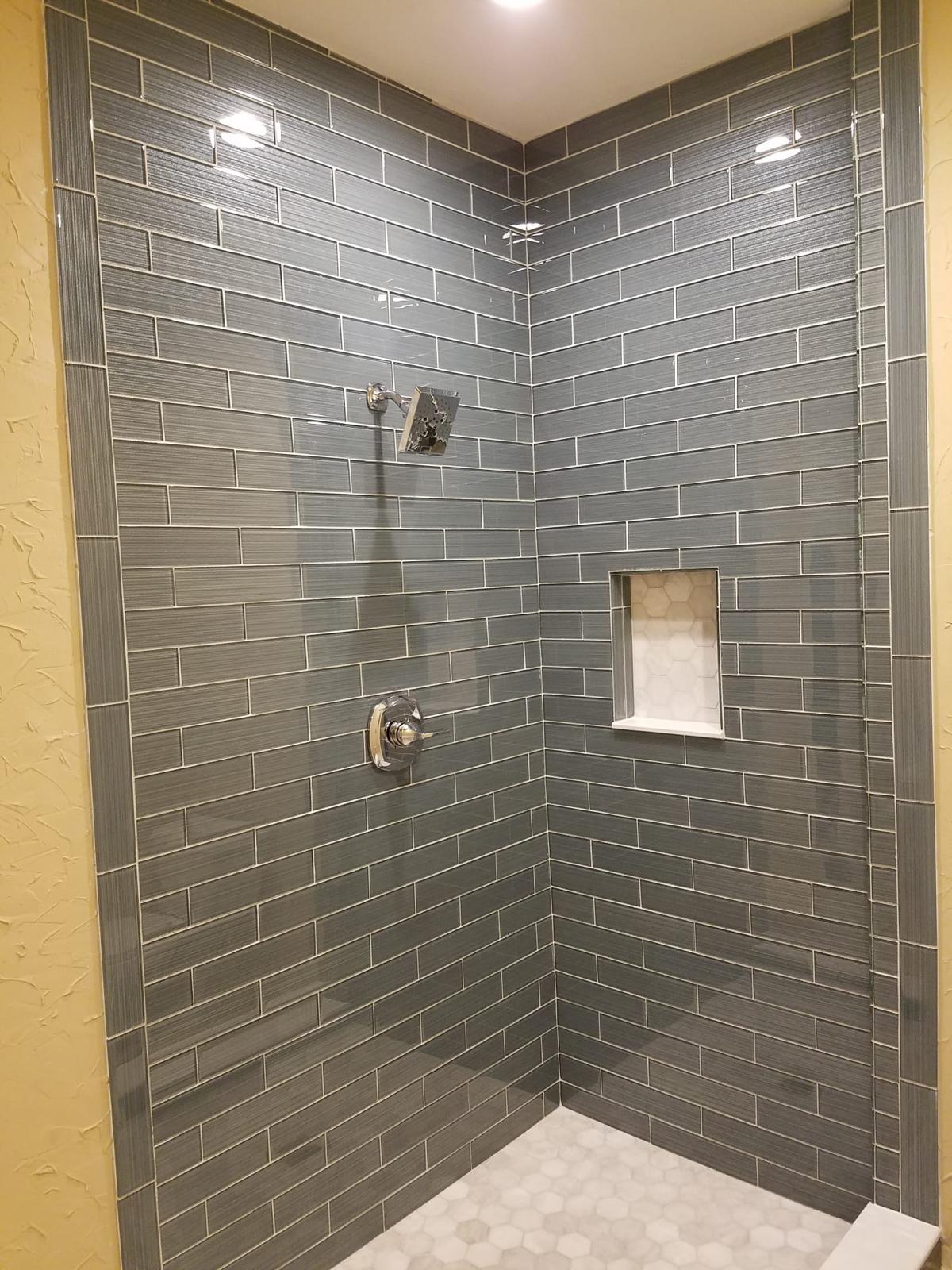 Completed tub-to-shower and walk-in shower project view 3