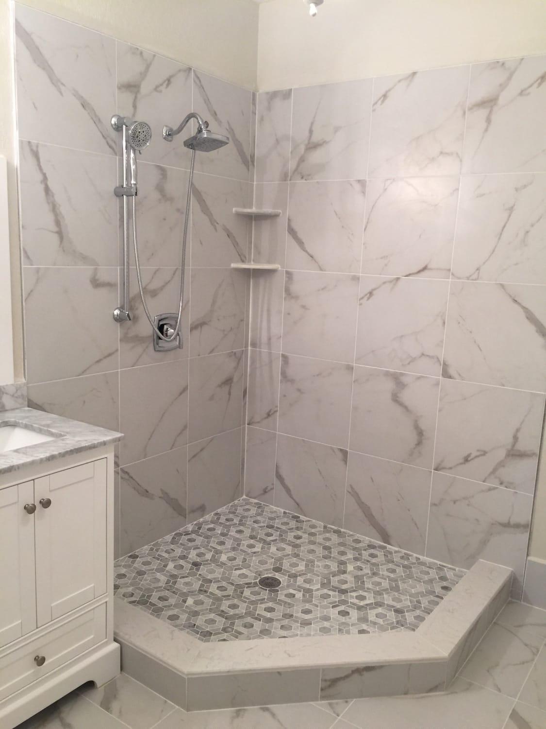 Completed tub-to-shower and walk-in shower project view 6