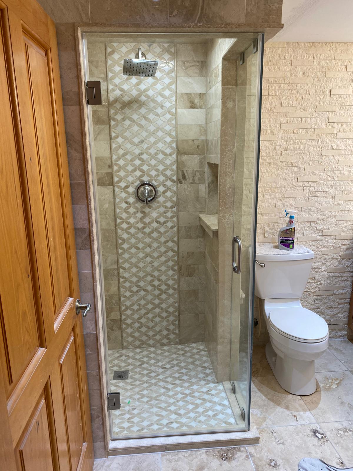 Completed tub-to-shower and walk-in shower project view 7