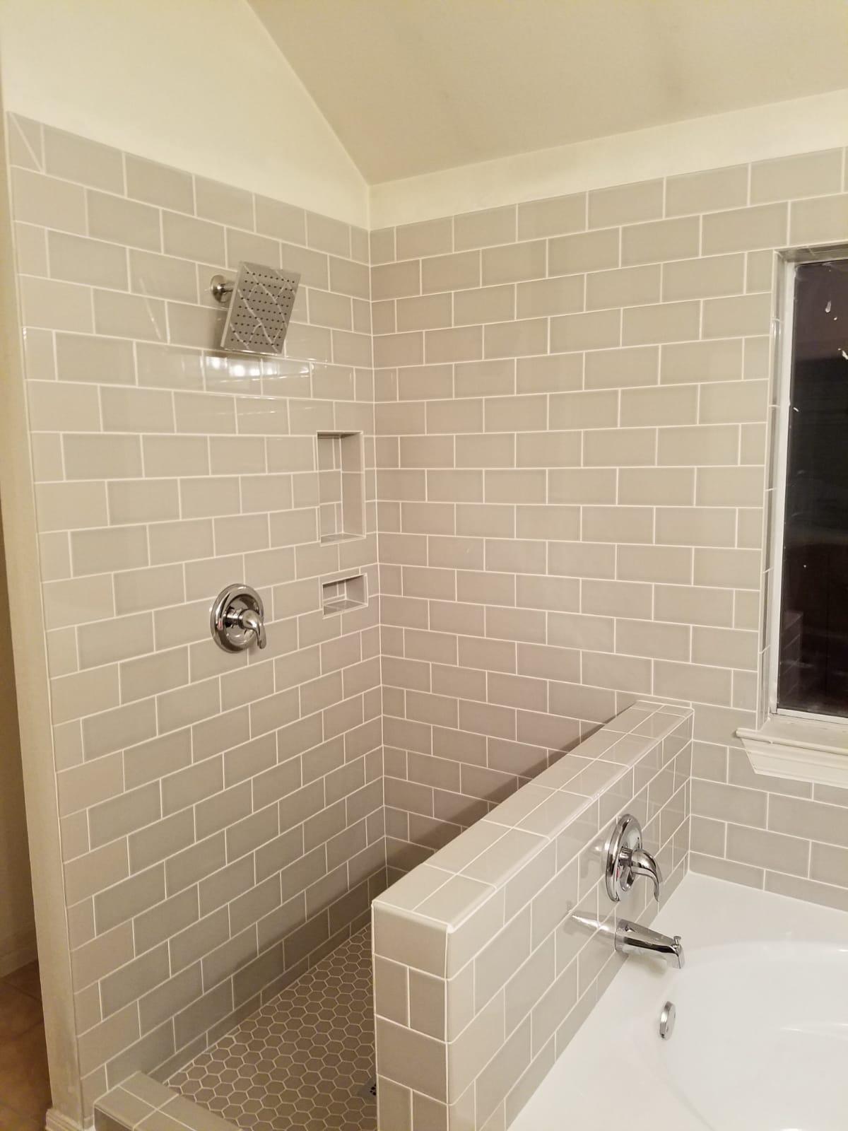 Completed tub-to-shower and walk-in shower project view 8
