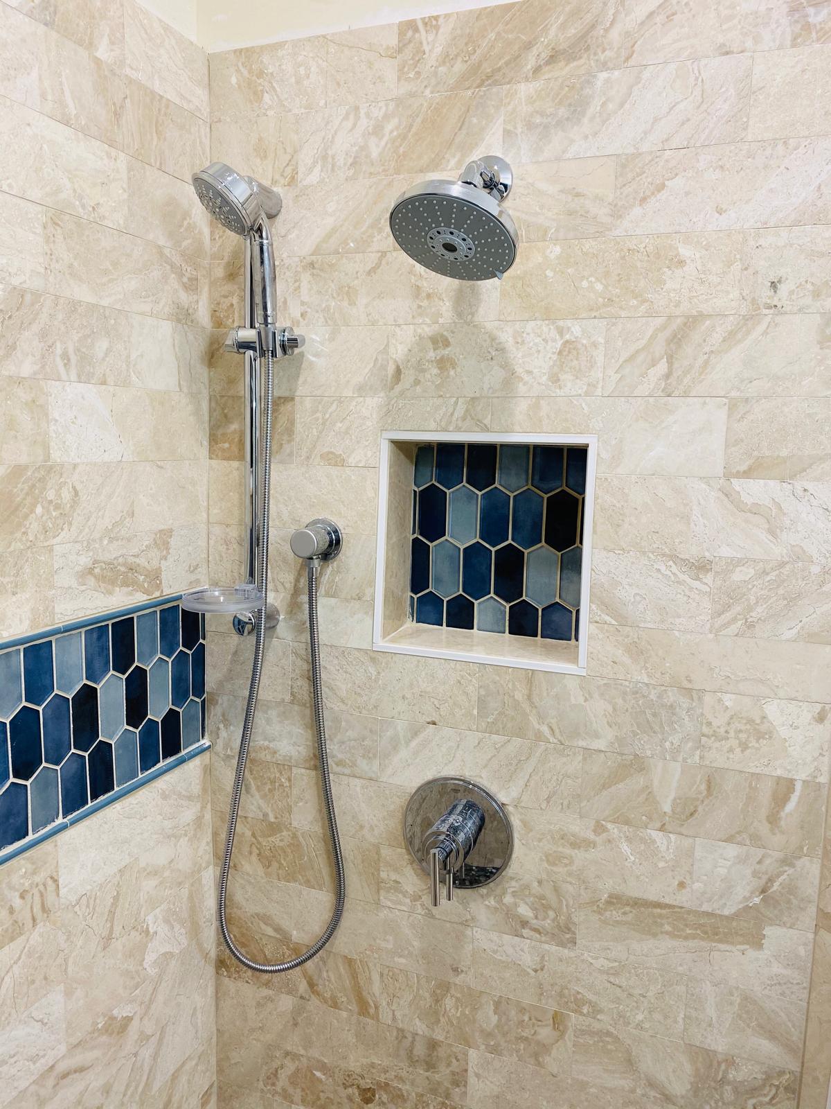Completed tub-to-shower and walk-in shower project view 9