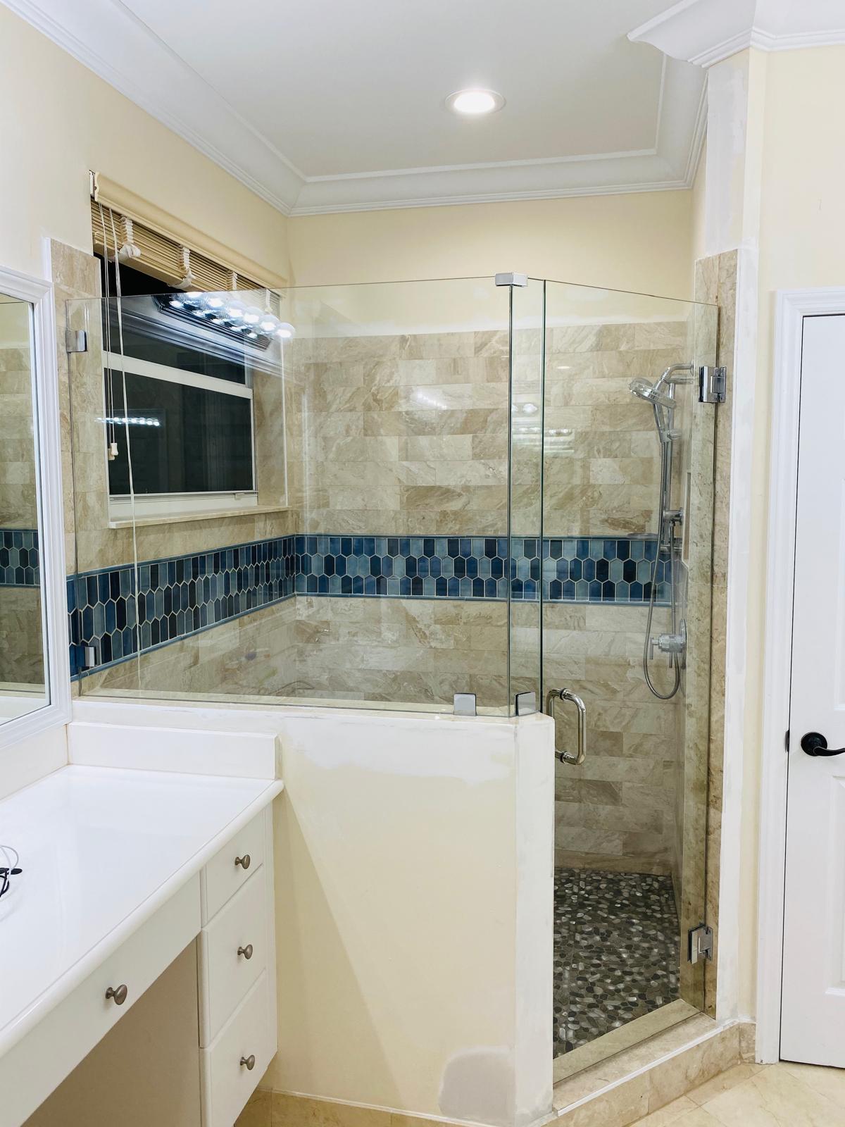 Completed tub-to-shower and walk-in shower project view 10