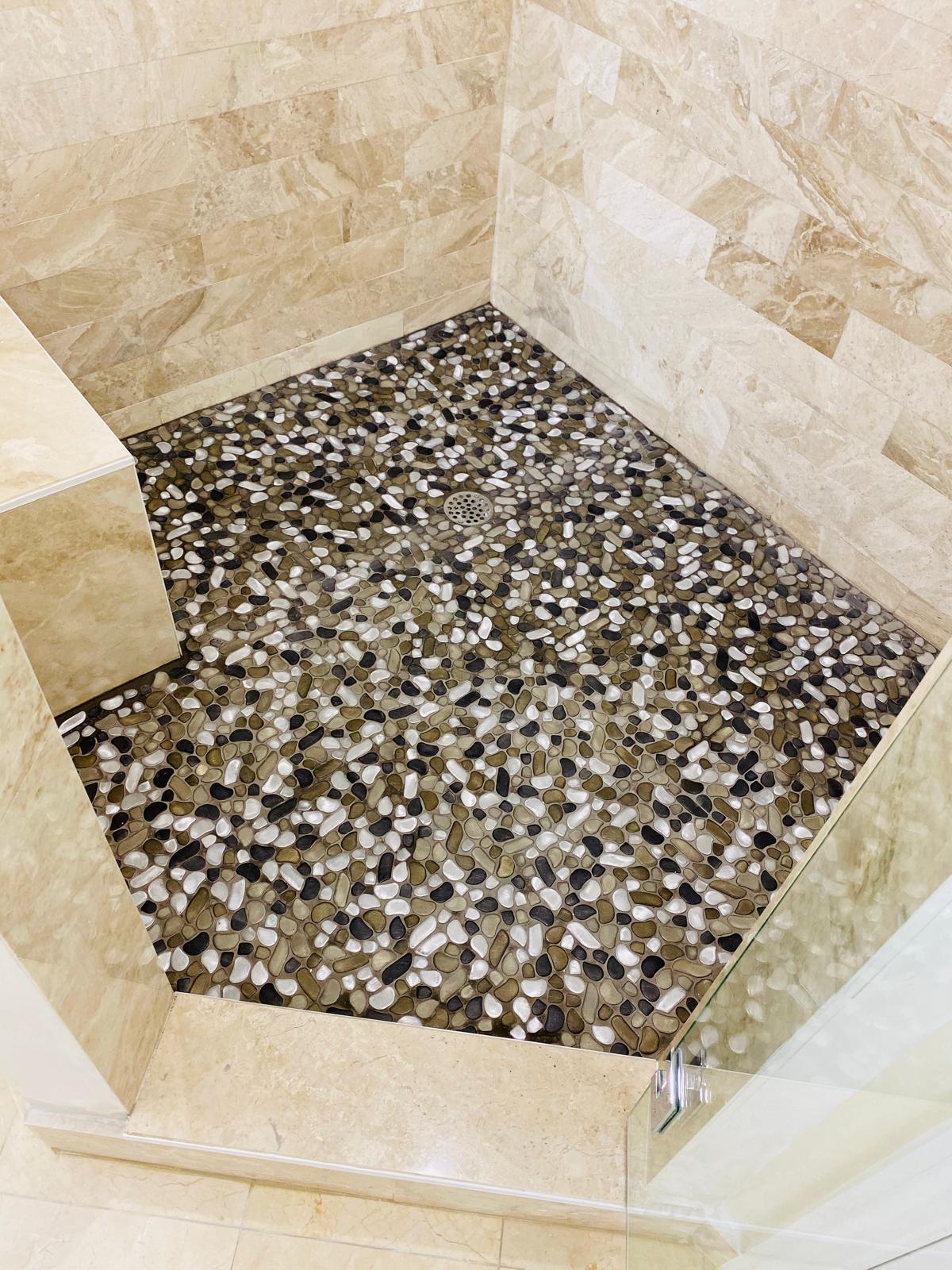 Completed tub-to-shower and walk-in shower project view 11