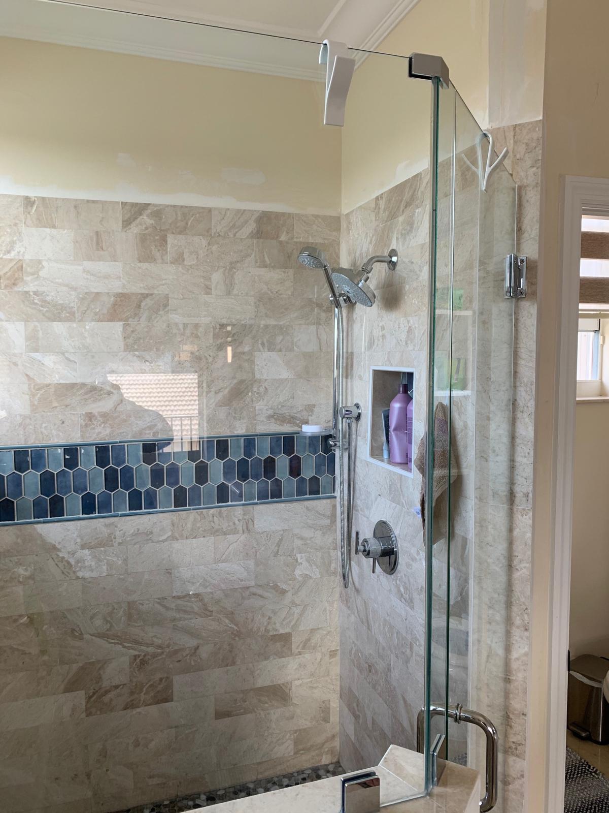 Completed tub-to-shower and walk-in shower project view 12