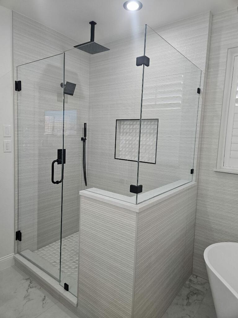Completed tub-to-shower and walk-in shower project view 13